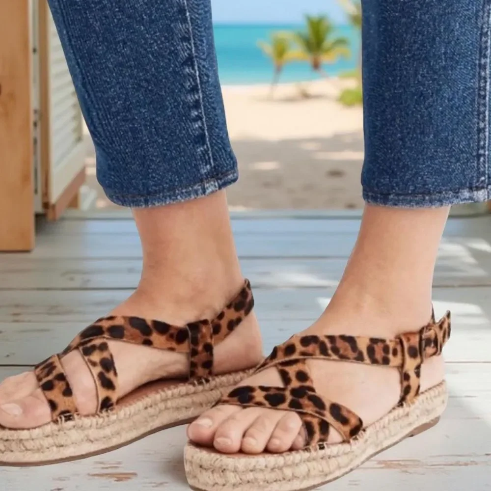 🛍️ Madewell Malia Espadrille Leather Upper Calf Hair Leopard Sandals size 9.5